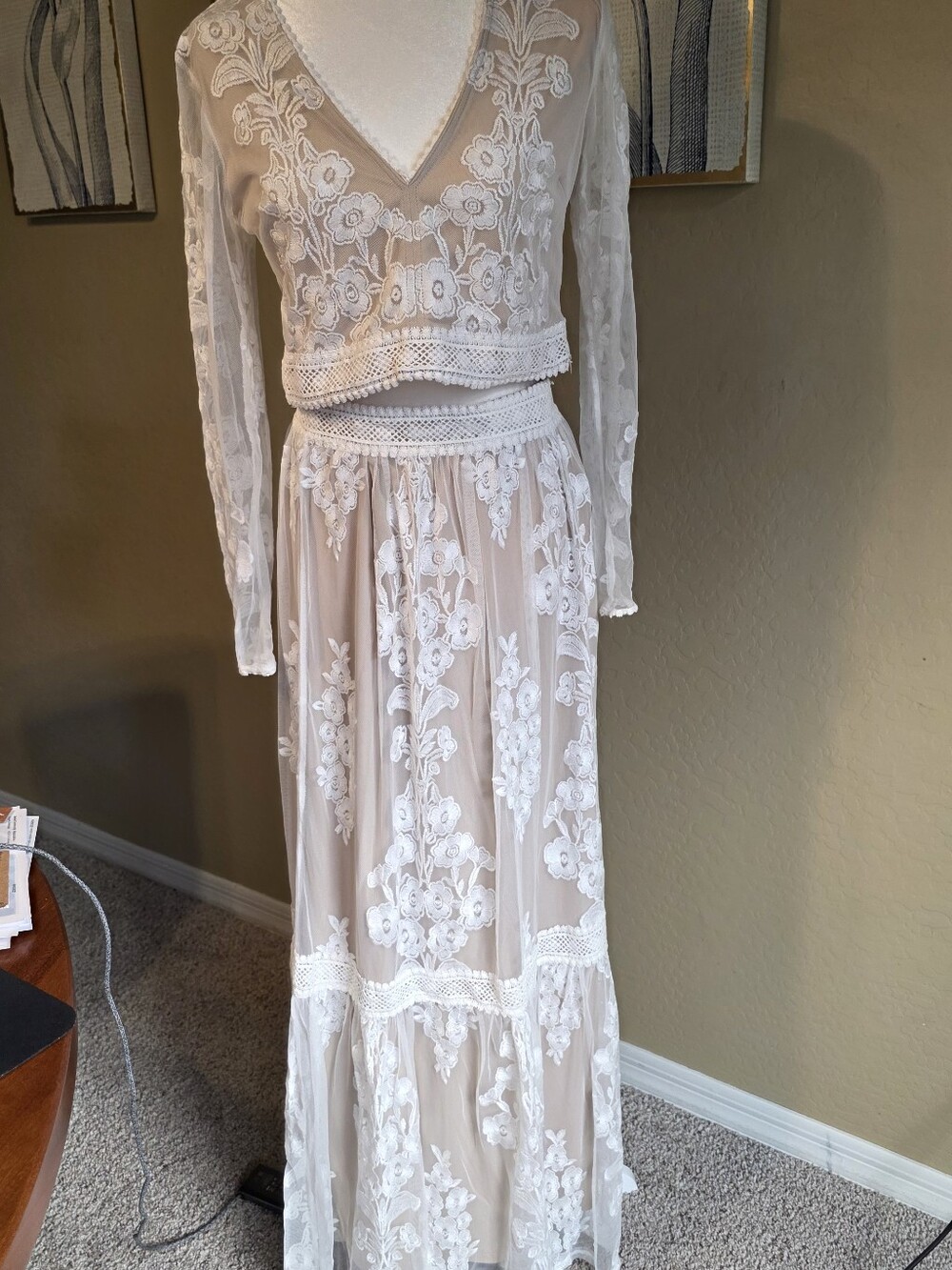 Altarβd State Arissa Ivory Nude Lace Two Piece Maxi Skirt & Crop Top Set L NWT